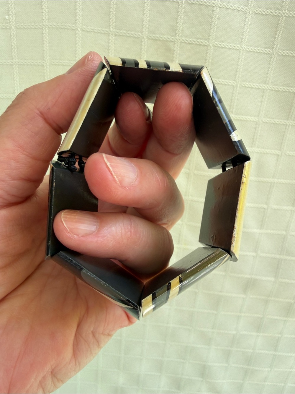 Vintage Black & Cream Patterned Cuff Wooden Bracelet with Smooth Finish - Picture 5 of 6